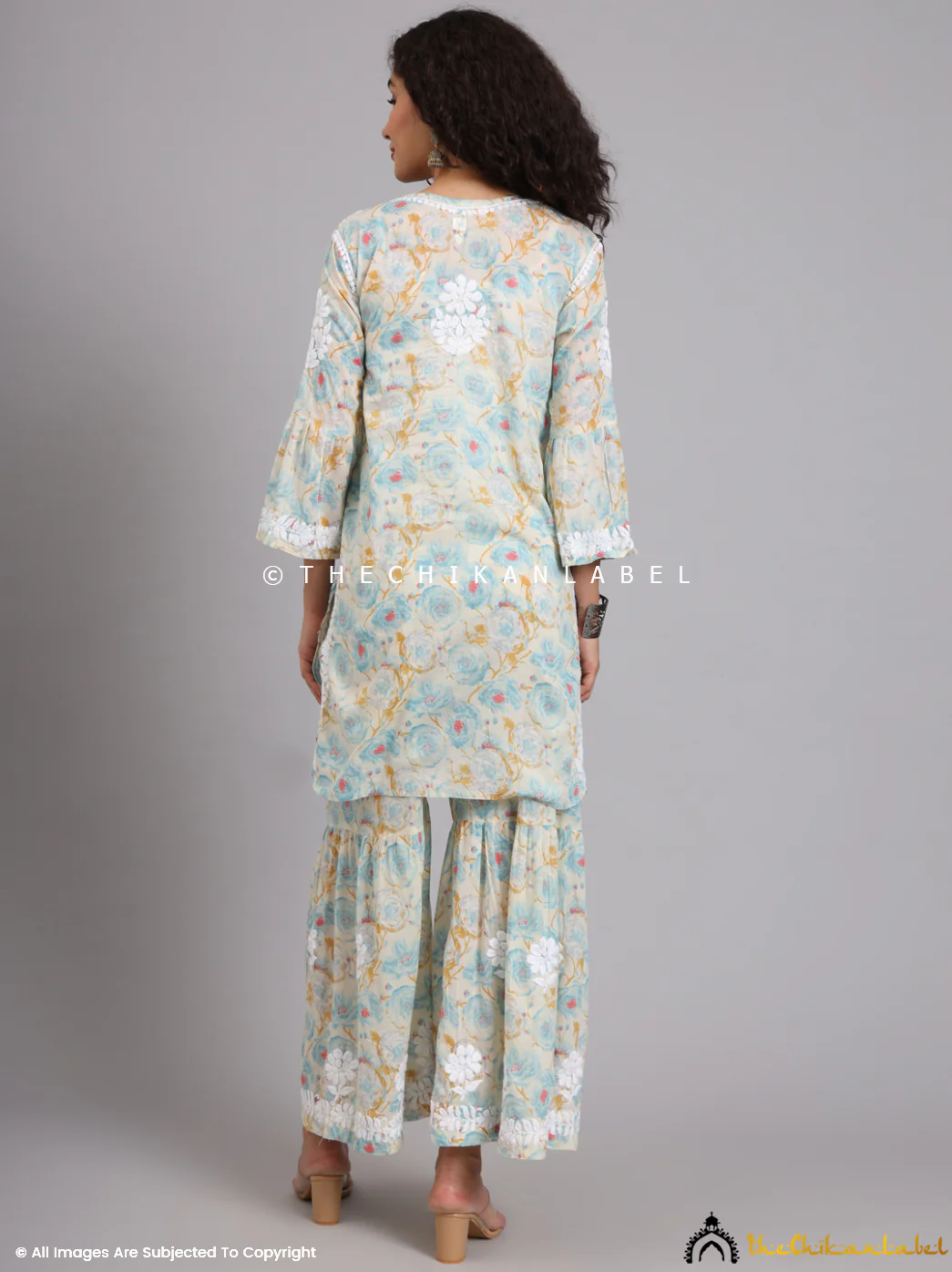 Tarz Mulmul Cotton Chikankari Kurta Garara Set - Blue - Image 3