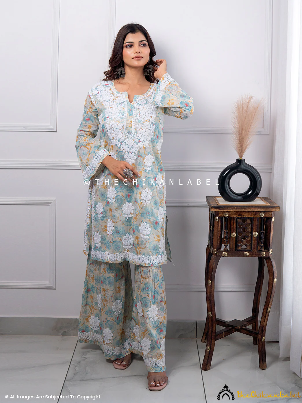 Tarz Mulmul Cotton Chikankari Kurta Garara Set - Blue - Image 5
