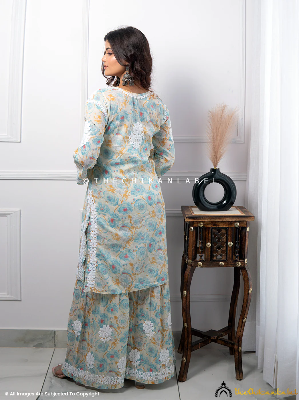 Tarz Mulmul Cotton Chikankari Kurta Garara Set - Blue - Image 6