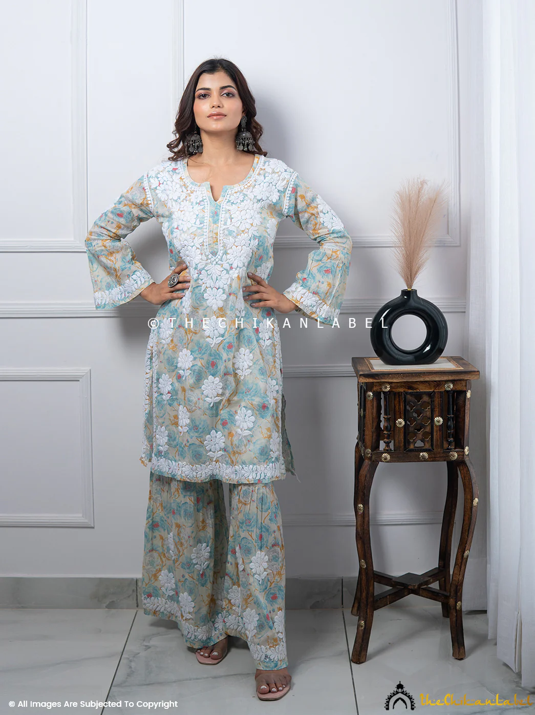 Tarz Mulmul Cotton Chikankari Kurta Garara Set - Blue - Image 7