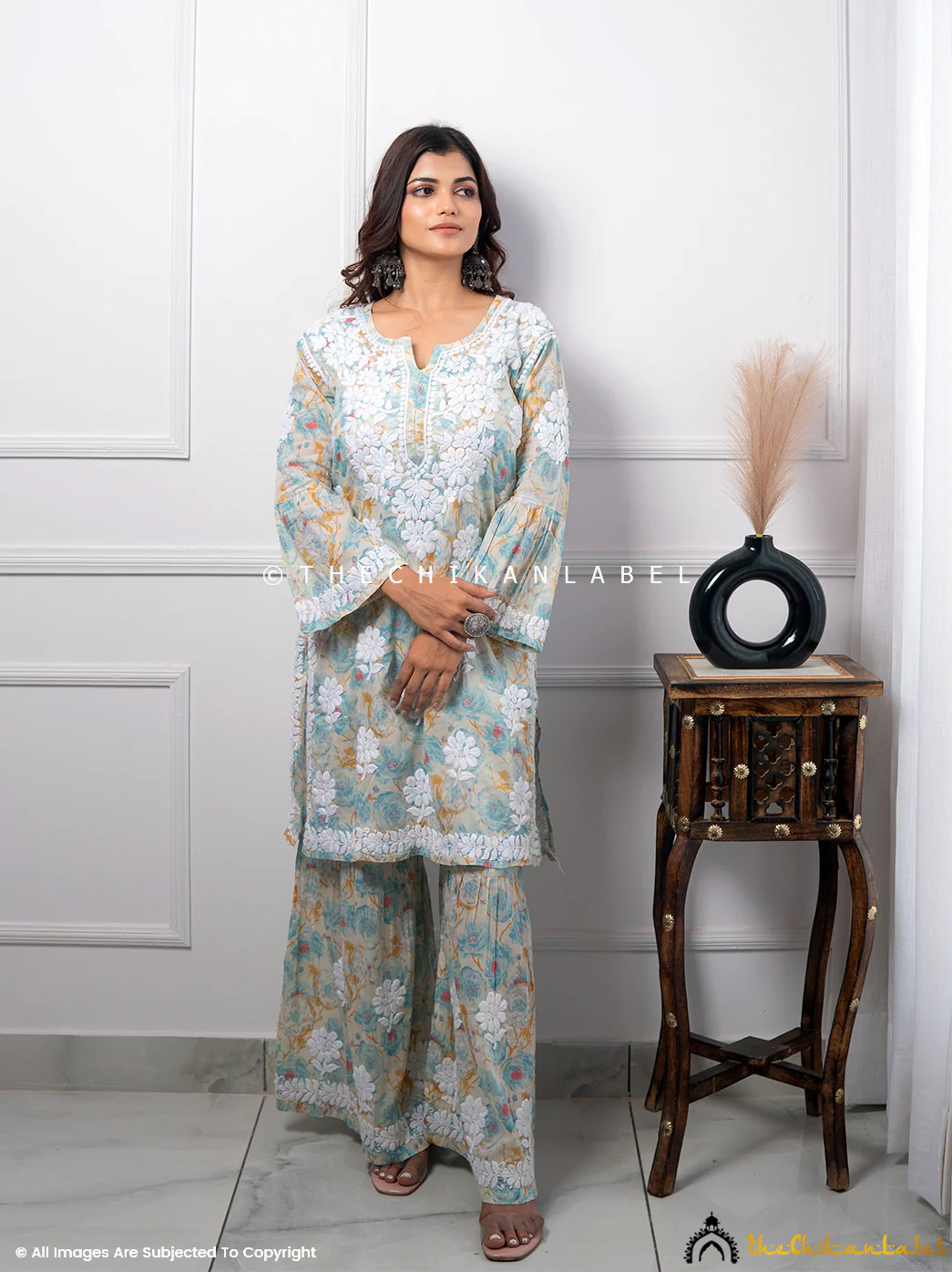 Tarz Mulmul Cotton Chikankari Kurta Garara Set - Blue - Image 8