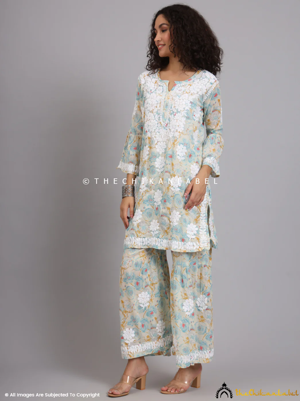 Tarz Mulmul Cotton Chikankari Kurta Garara Set - Blue - Image 9