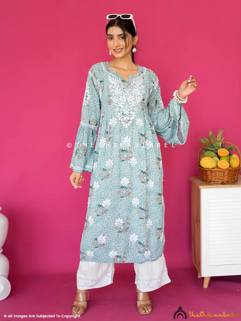 Zoha Mulmul Cotton Chikankari A-Line Kurti - Blue - Image 10