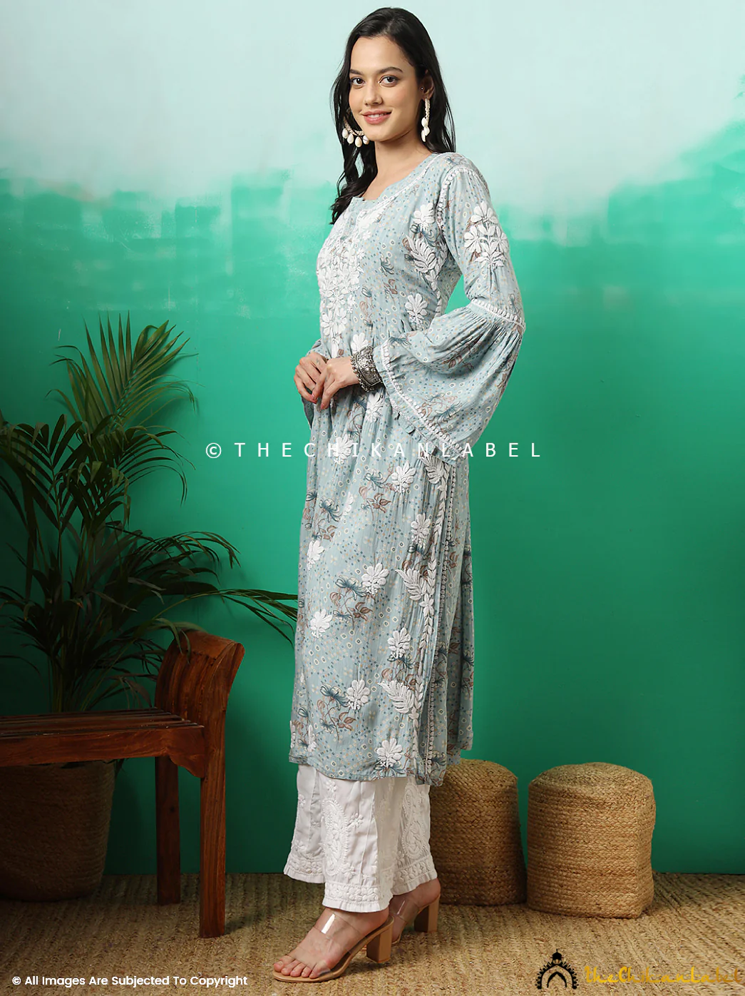 Zoha Mulmul Cotton Chikankari A-Line Kurti - Blue - Image 11