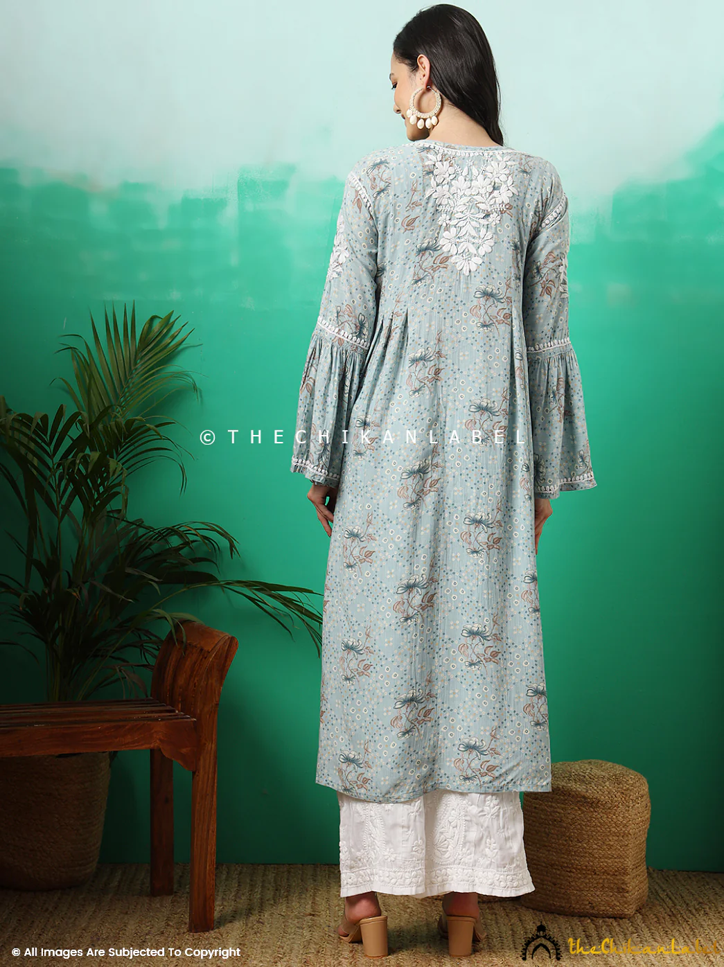 Zoha Mulmul Cotton Chikankari A-Line Kurti - Blue - Image 3