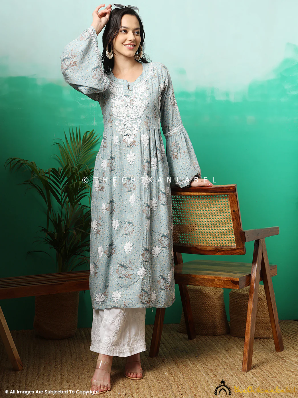 Zoha Mulmul Cotton Chikankari A-Line Kurti - Blue - Image 4