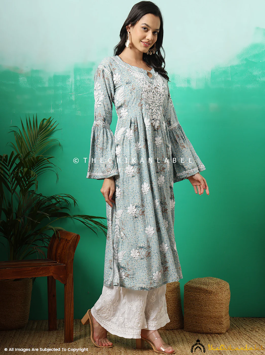 Zoha Mulmul Cotton Chikankari A-Line Kurti - Blue - Image 5