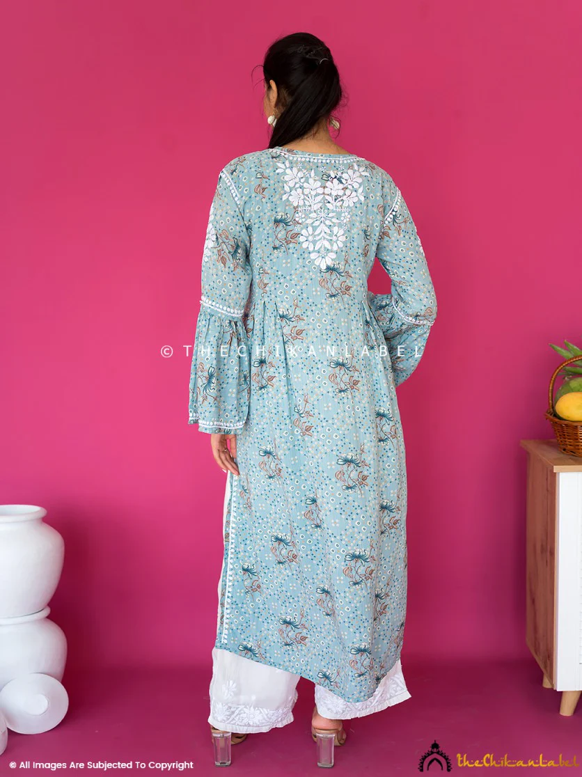 Zoha Mulmul Cotton Chikankari A-Line Kurti - Blue - Image 6