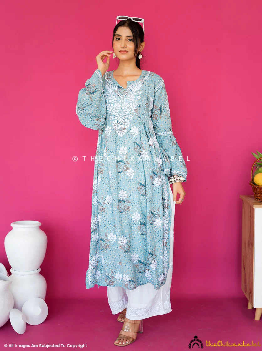 Zoha Mulmul Cotton Chikankari A-Line Kurti - Blue - Image 7