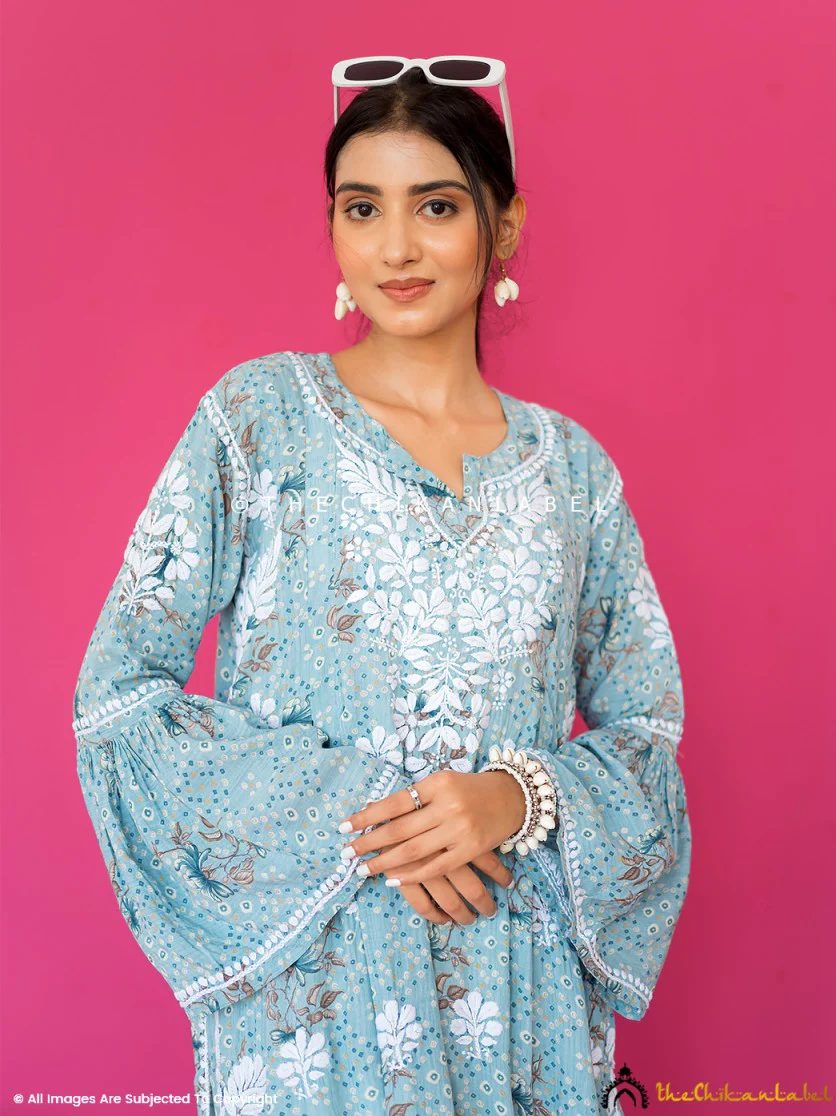Zoha Mulmul Cotton Chikankari A-Line Kurti - Blue - Image 9