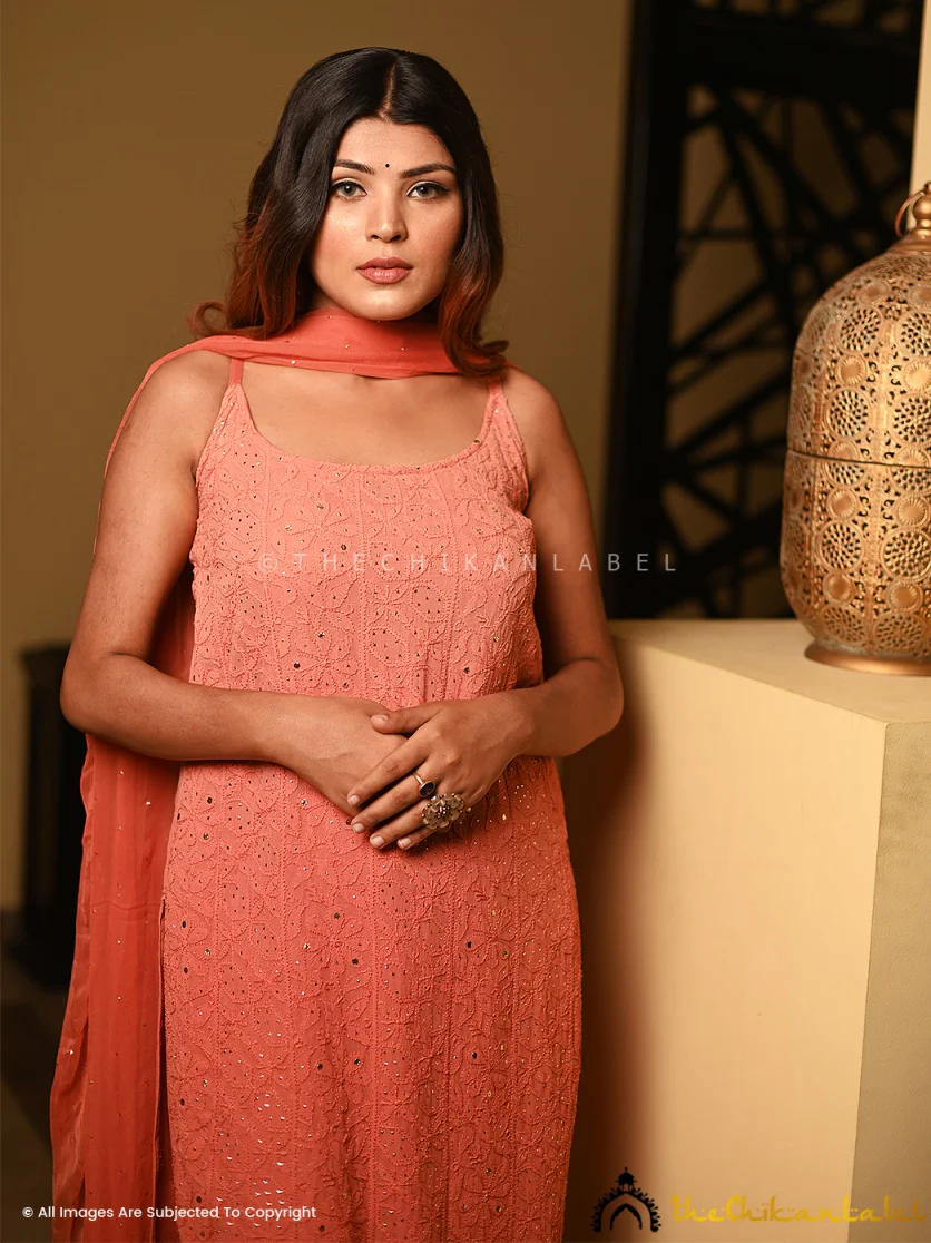 Sukoon Viscose Chikankari Strappy Kurta Set with Dupatta - Blush Nude - Image 2