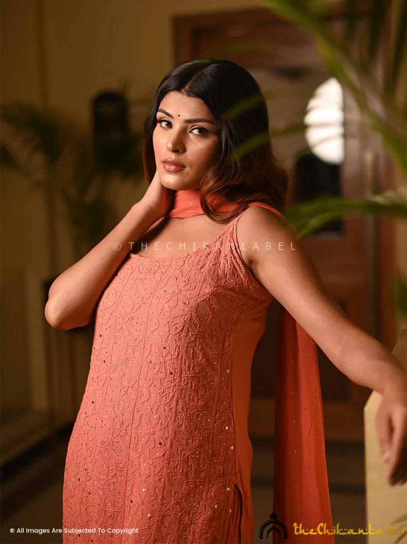 Sukoon Viscose Chikankari Strappy Kurta Set with Dupatta - Blush Nude - Image 5