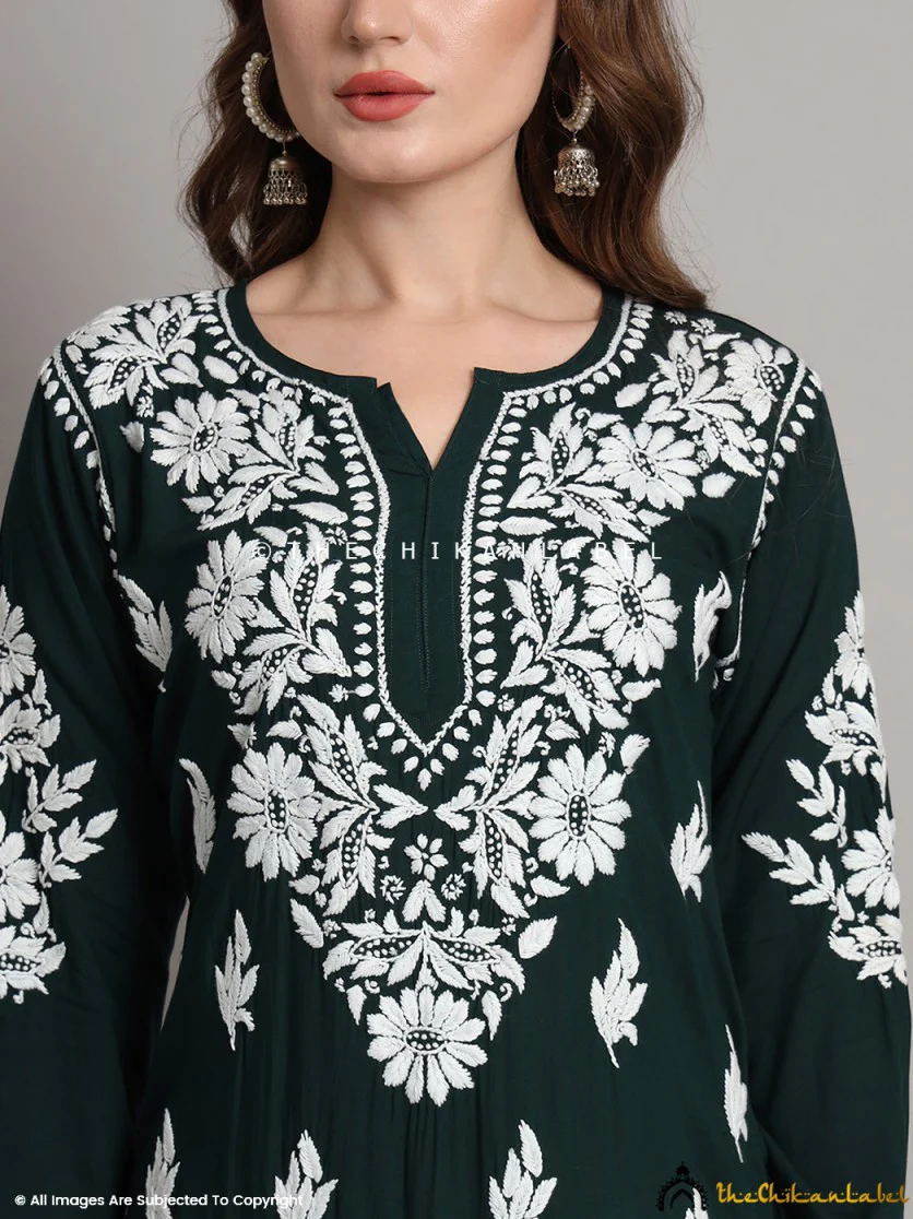 Sanaya Modal Chikankari Straight Kurti - Bottle Green - Image 2