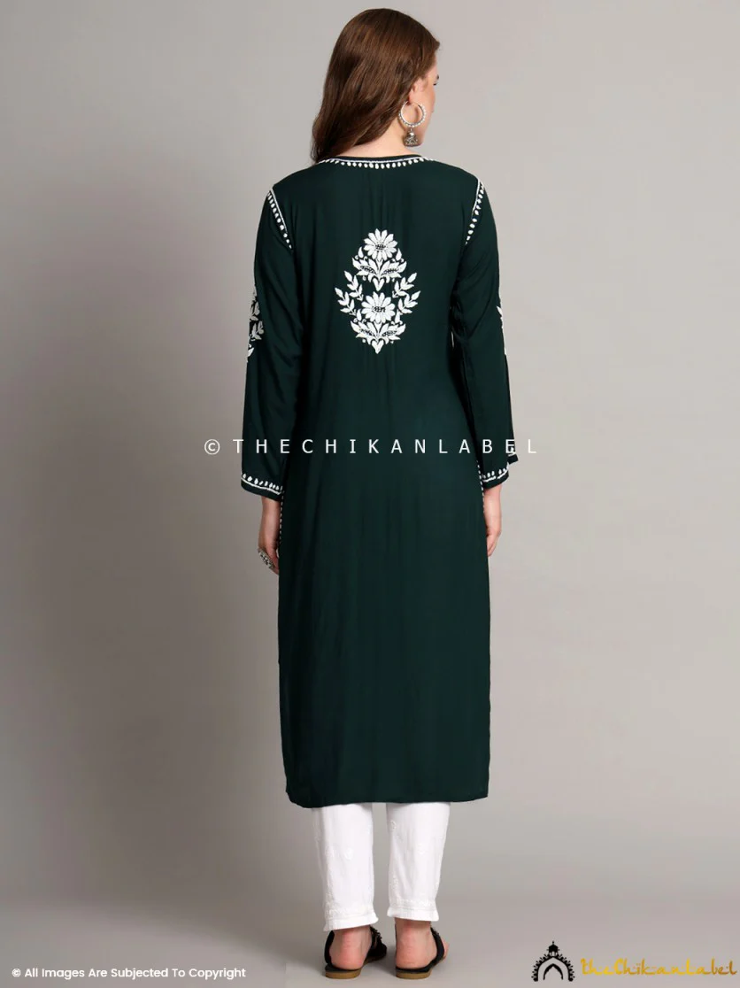 Sanaya Modal Chikankari Straight Kurti - Bottle Green - Image 3