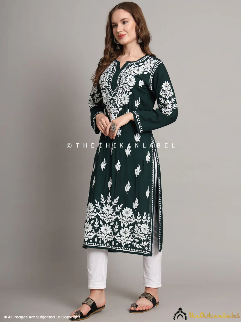 Sanaya Modal Chikankari Straight Kurti - Bottle Green - Image 4