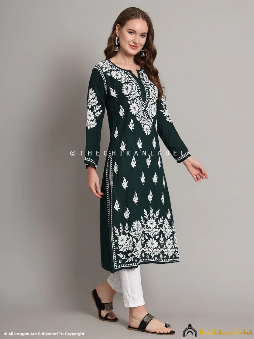Sanaya Modal Chikankari Straight Kurti - Bottle Green - Image 5
