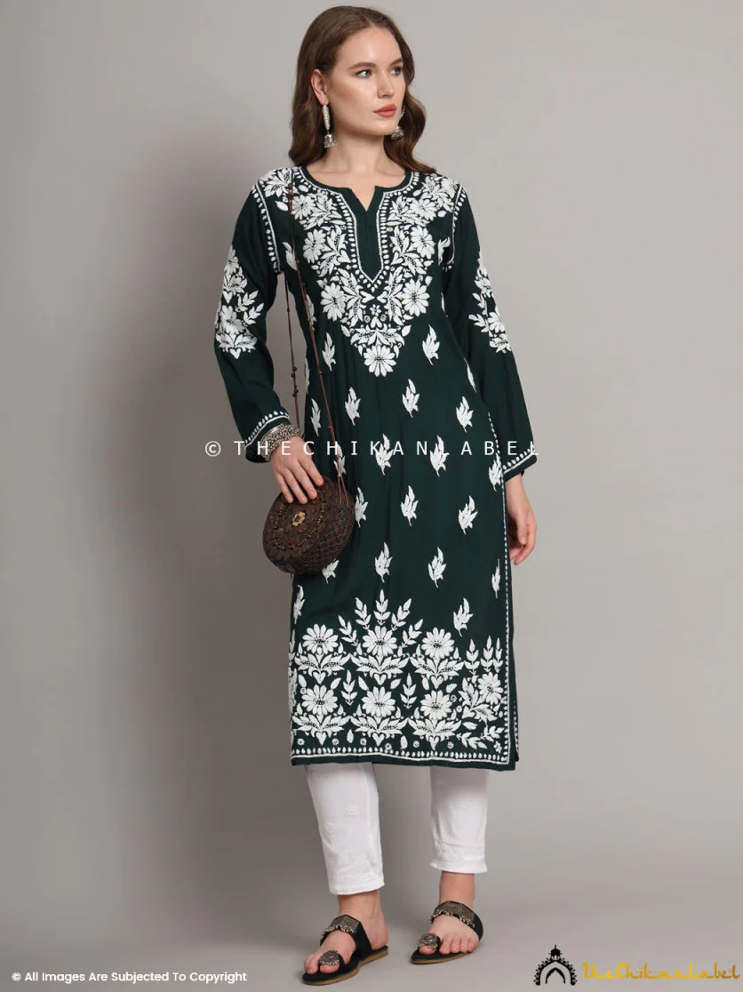 Sanaya Modal Chikankari Straight Kurti - Bottle Green - Image 6