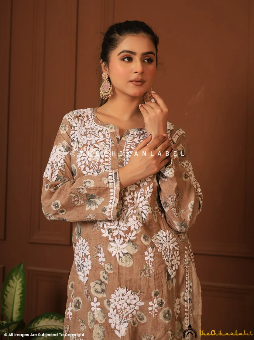 Afiya Mulmul Cotton Chikankari Kurta Set - Brown - Image 11