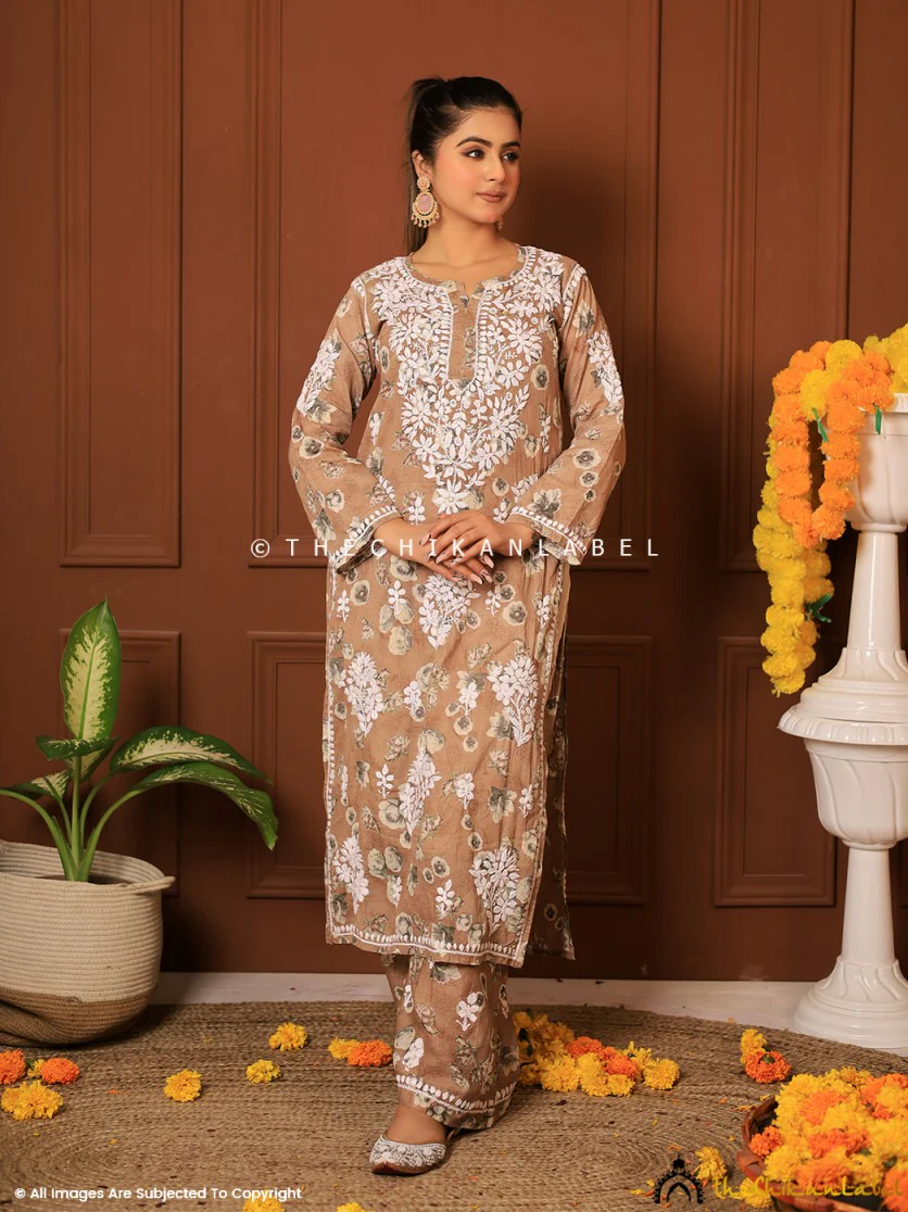 Afiya Mulmul Cotton Chikankari Kurta Set - Brown - Image 12