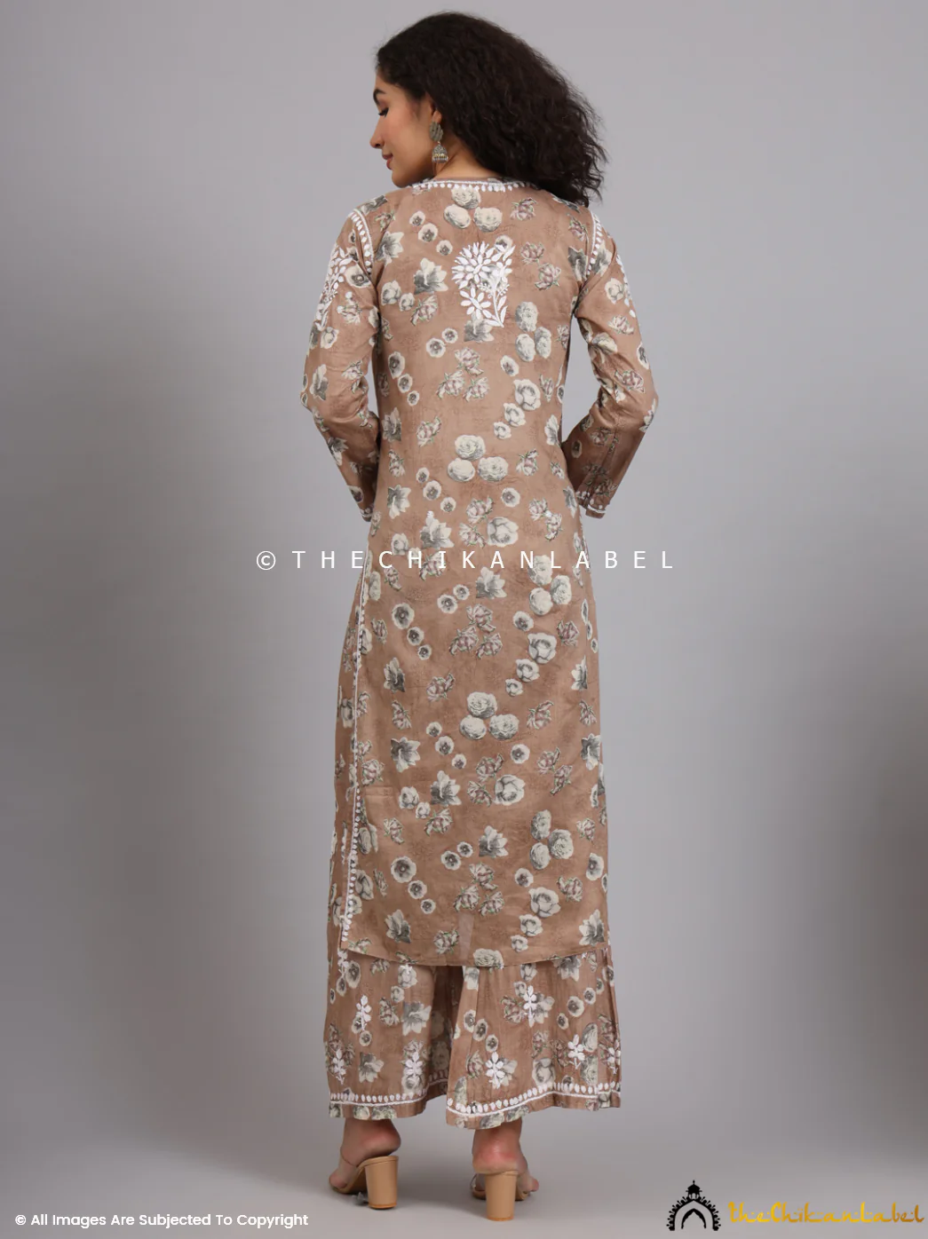 Afiya Mulmul Cotton Chikankari Kurta Set - Brown - Image 3