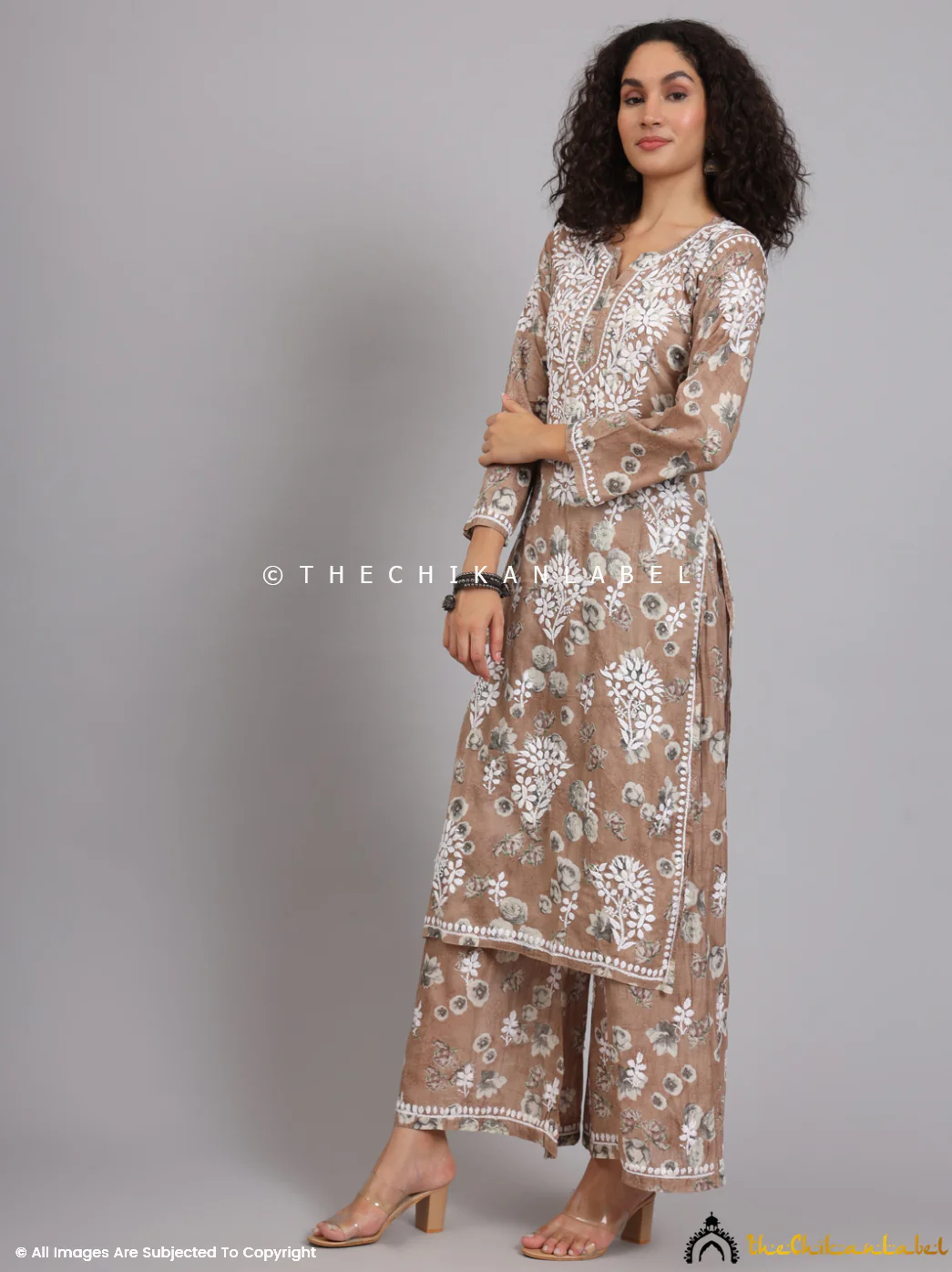 Afiya Mulmul Cotton Chikankari Kurta Set - Brown - Image 5