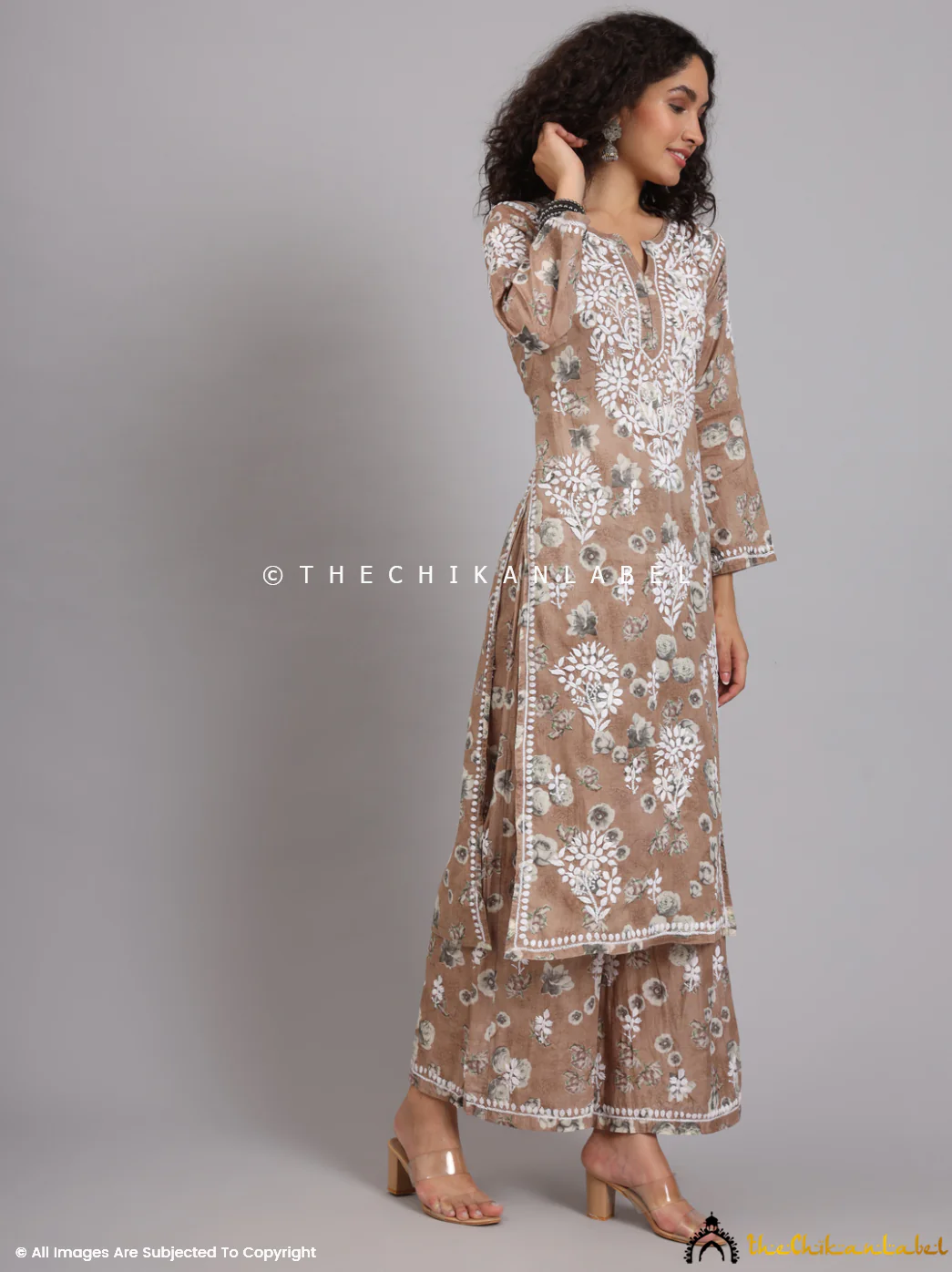 Afiya Mulmul Cotton Chikankari Kurta Set - Brown - Image 6