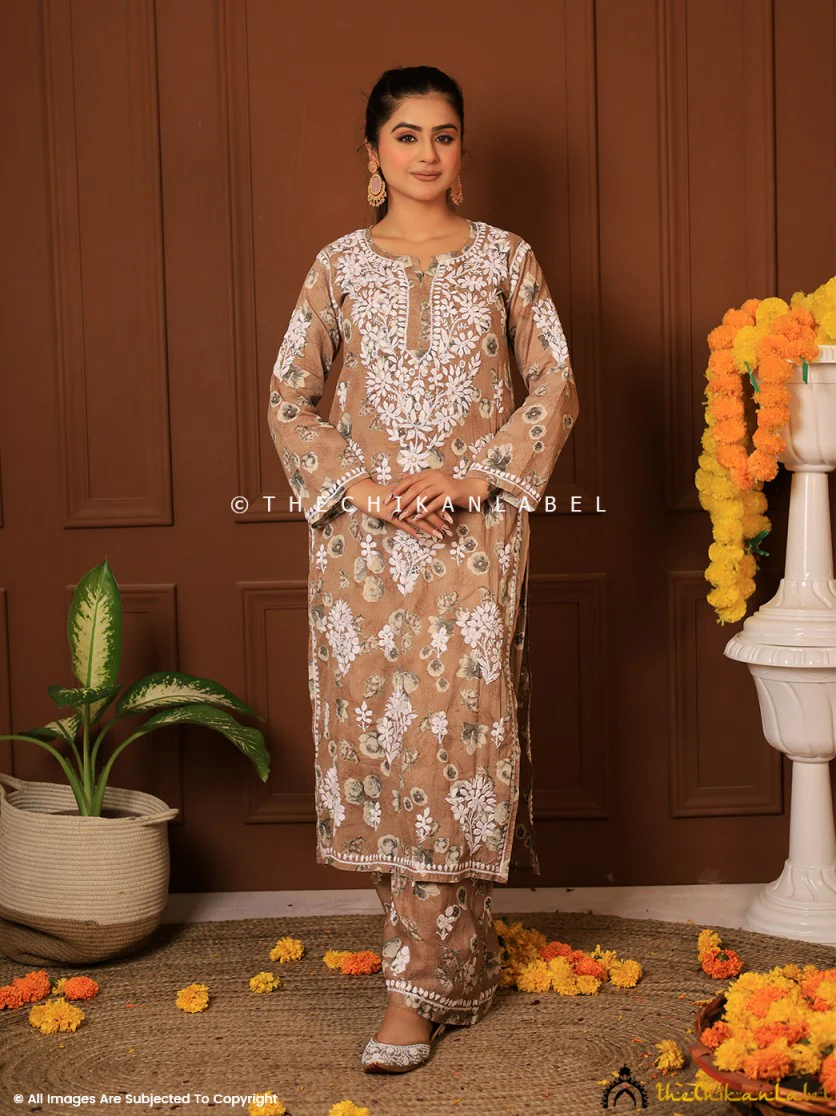 Afiya Mulmul Cotton Chikankari Kurta Set - Brown - Image 8