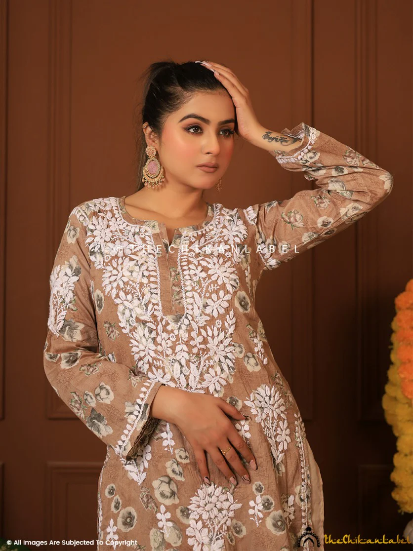 Afiya Mulmul Cotton Chikankari Kurta Set - Brown - Image 9