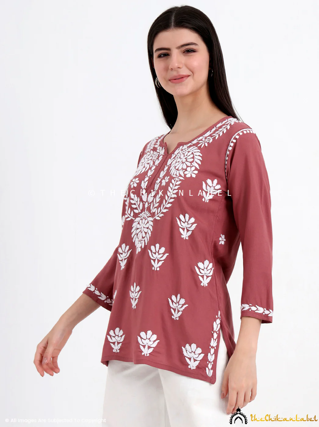 Chahat Rayon Chikankari Short Top- Brown - Image 4