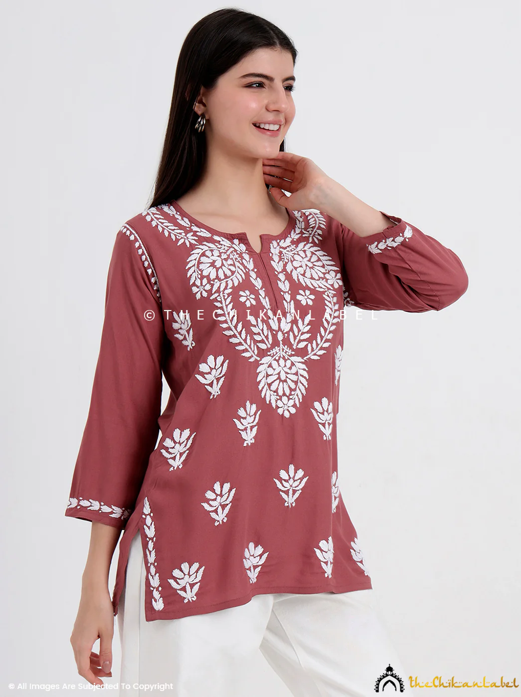 Chahat Rayon Chikankari Short Top- Brown - Image 5