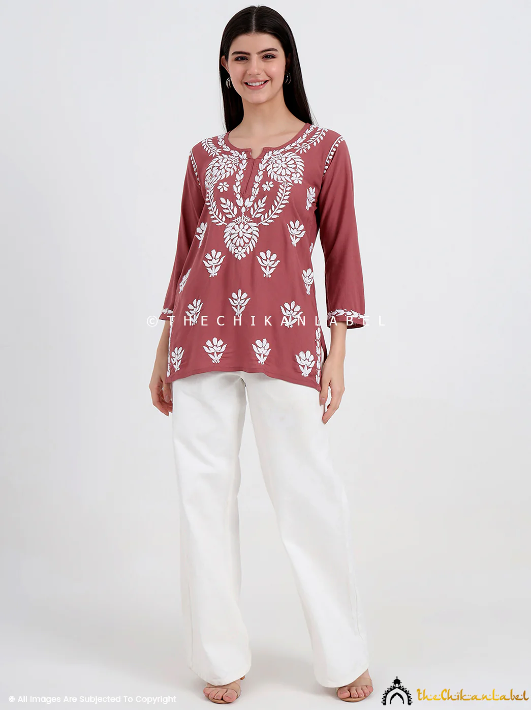 Chahat Rayon Chikankari Short Top- Brown - Image 7
