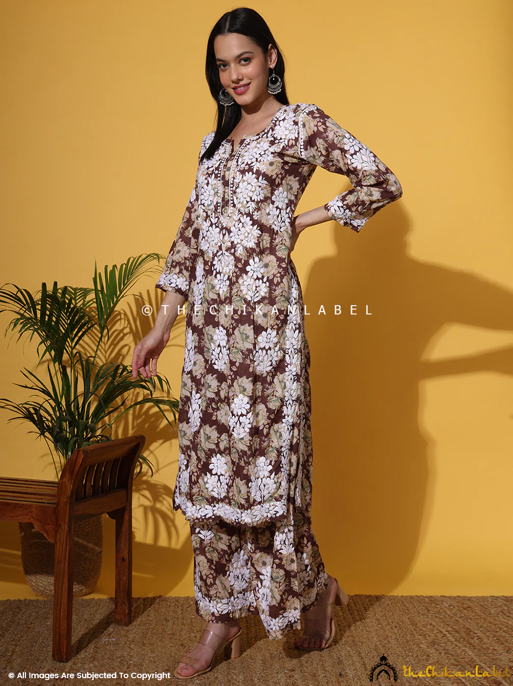 Fara Mulmul Cotton Chikankari Kurta Set - Brown - Image 10