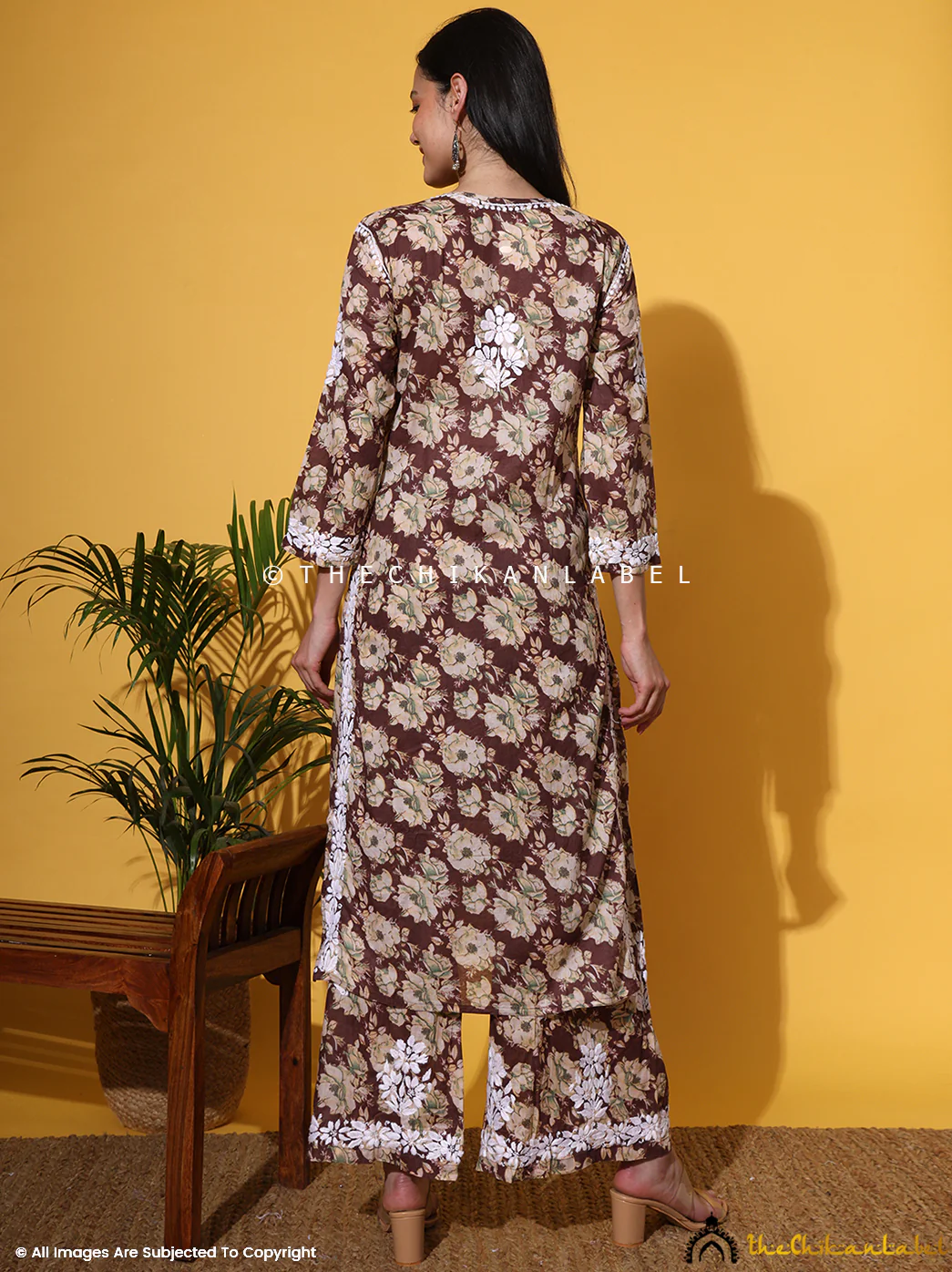 Fara Mulmul Cotton Chikankari Kurta Set - Brown - Image 3