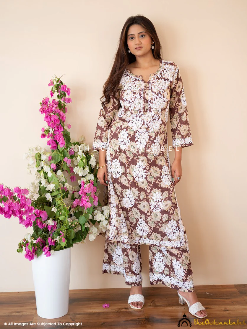 Fara Mulmul Cotton Chikankari Kurta Set - Brown - Image 4