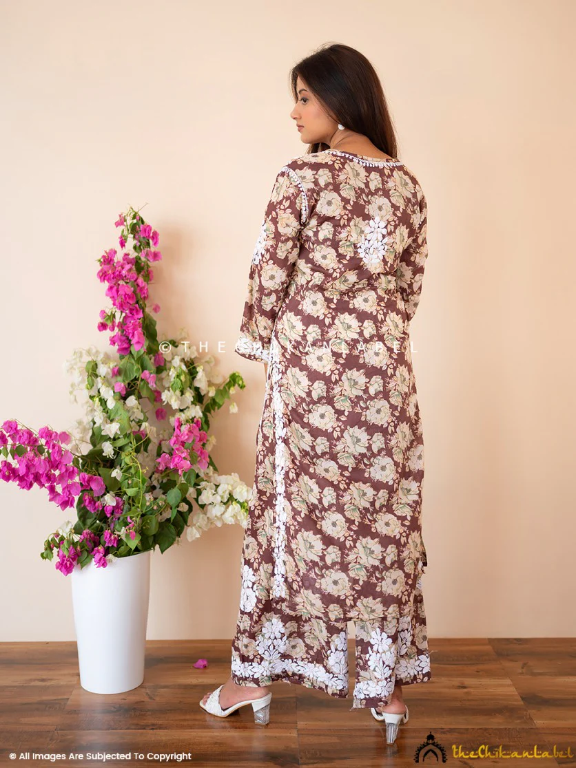 Fara Mulmul Cotton Chikankari Kurta Set - Brown - Image 6
