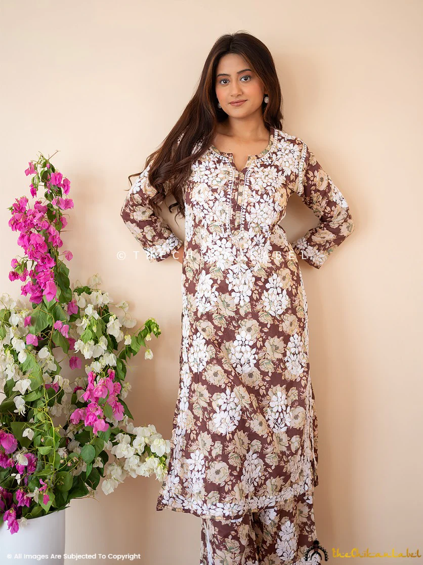 Fara Mulmul Cotton Chikankari Kurta Set - Brown - Image 8