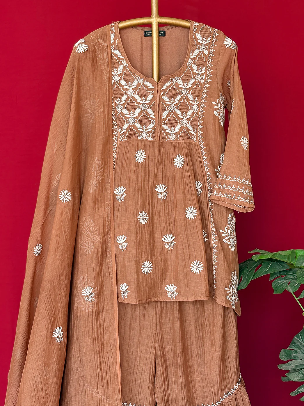 Brown Mulmul Chanderi Short Kurti Garara Set - Image 3