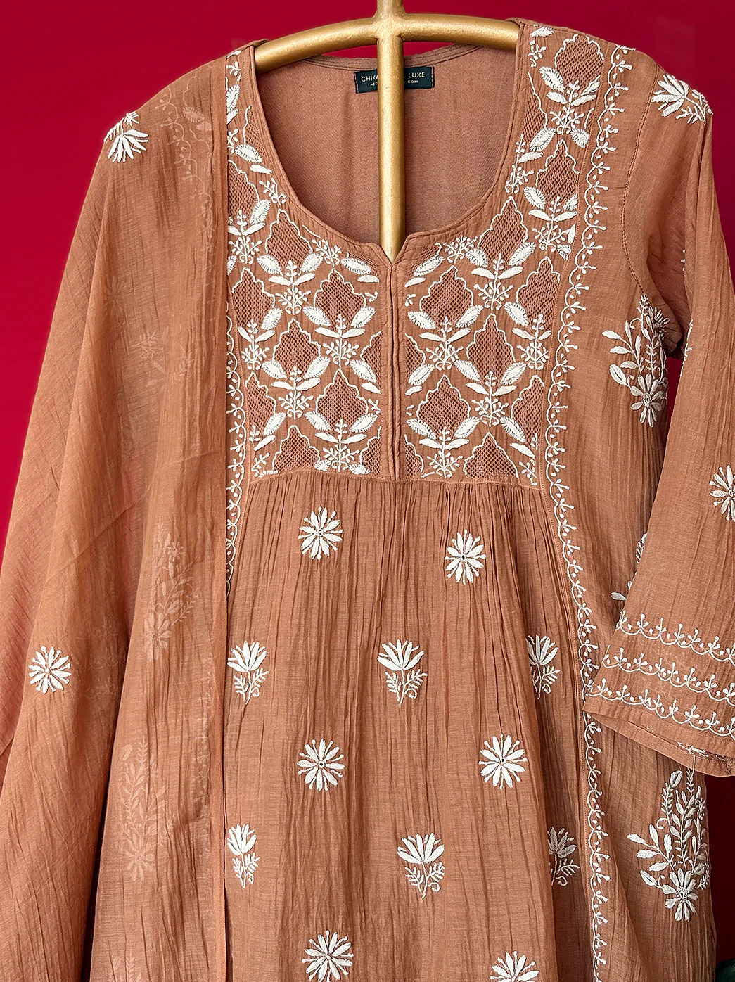 Brown Mulmul Chanderi Short Kurti Garara Set - Image 4