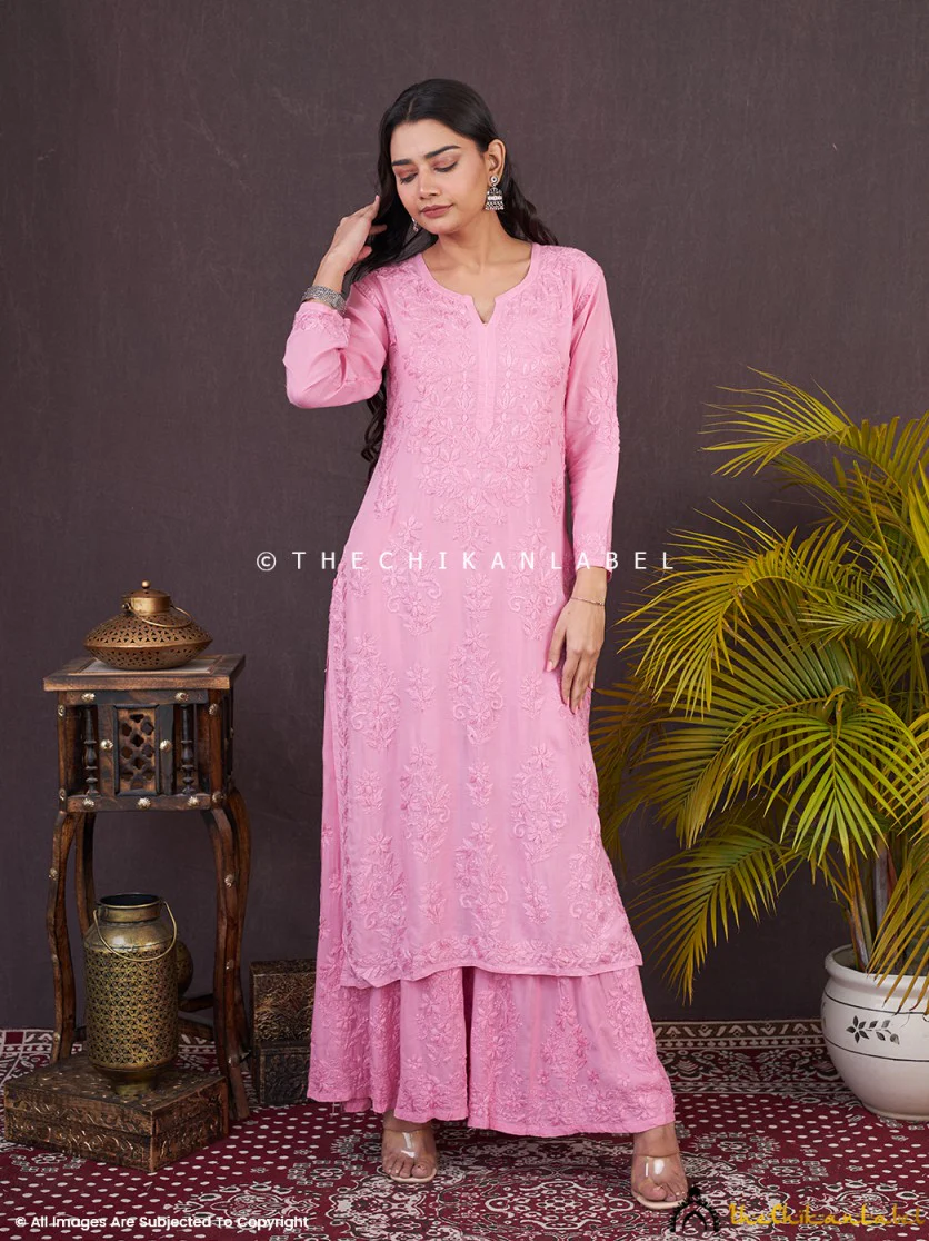 Bubblegum Zehna Modal Chikankari Kurta Set - Image 4
