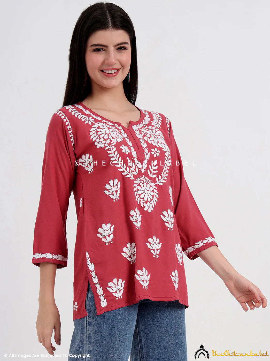 Chahat Rayon Chikankari Short Top - Candy Pink - Image 3