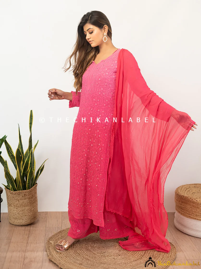 Sitara Chikankari Viscose Kurta Set with Dupatta - Candy Pink - Image 3