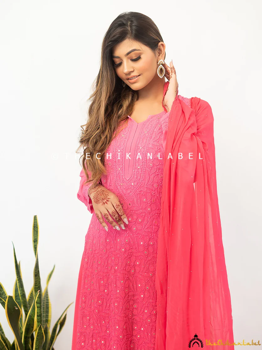 Sitara Chikankari Viscose Kurta Set with Dupatta - Candy Pink - Image 4