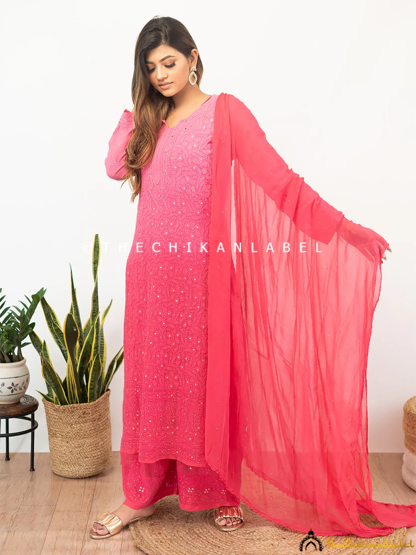 Sitara Chikankari Viscose Kurta Set with Dupatta - Candy Pink - Image 5