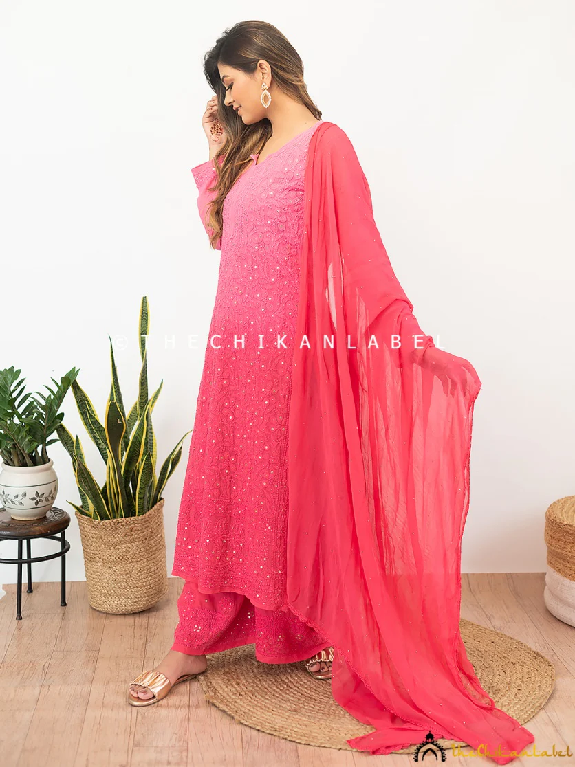 Sitara Chikankari Viscose Kurta Set with Dupatta - Candy Pink - Image 6