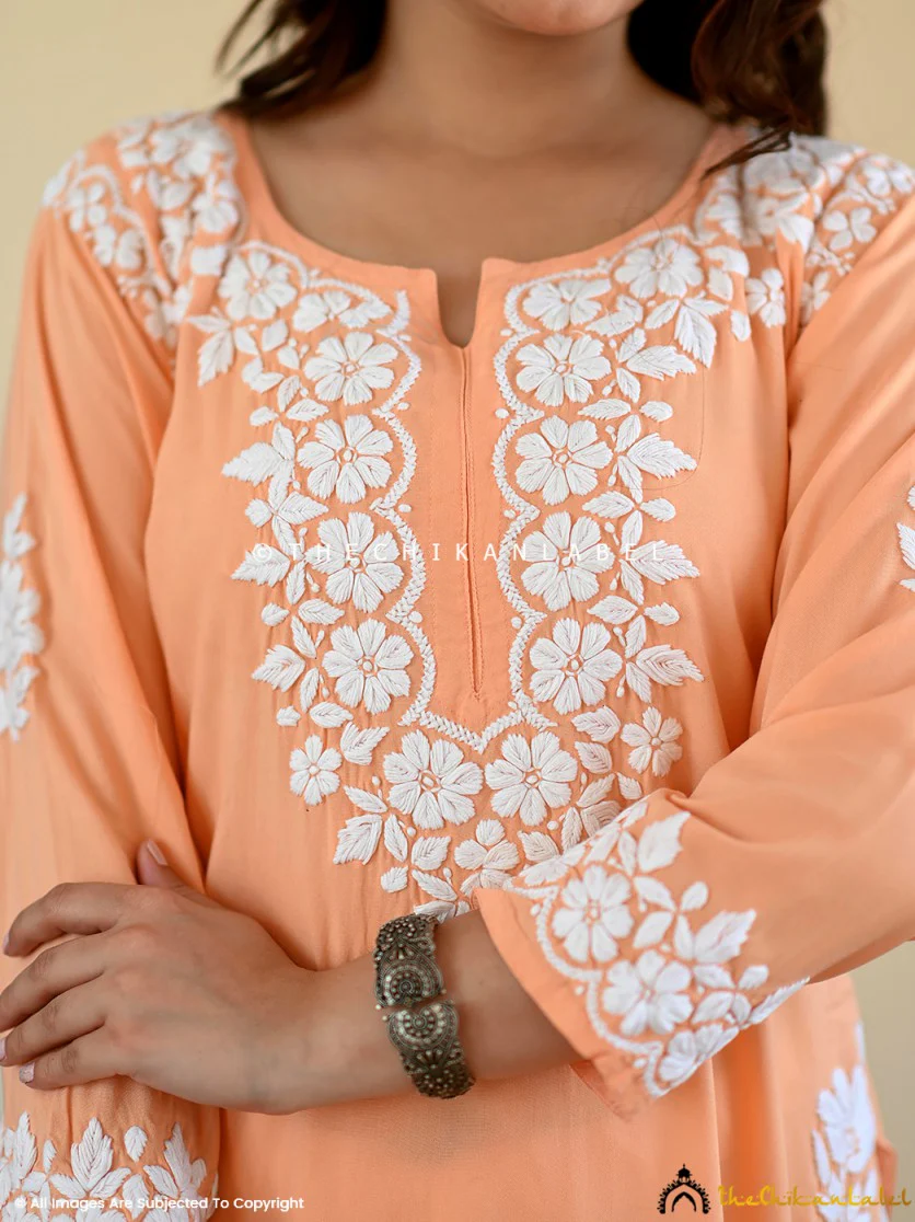 Aisha Rayon Chikankari Straight Kurti -Carrot - Image 2
