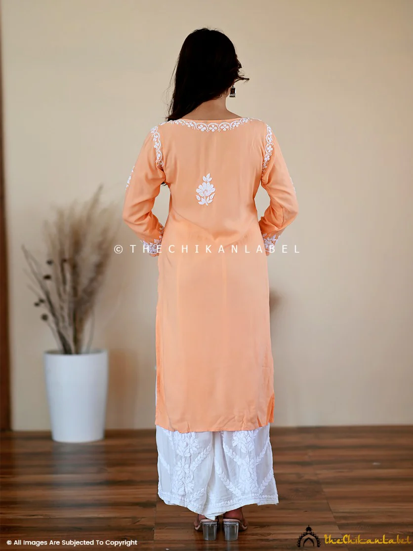 Aisha Rayon Chikankari Straight Kurti -Carrot - Image 3