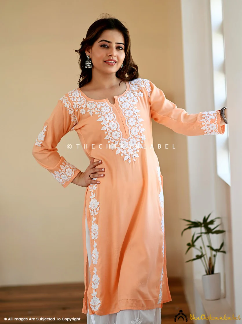 Aisha Rayon Chikankari Straight Kurti -Carrot - Image 4