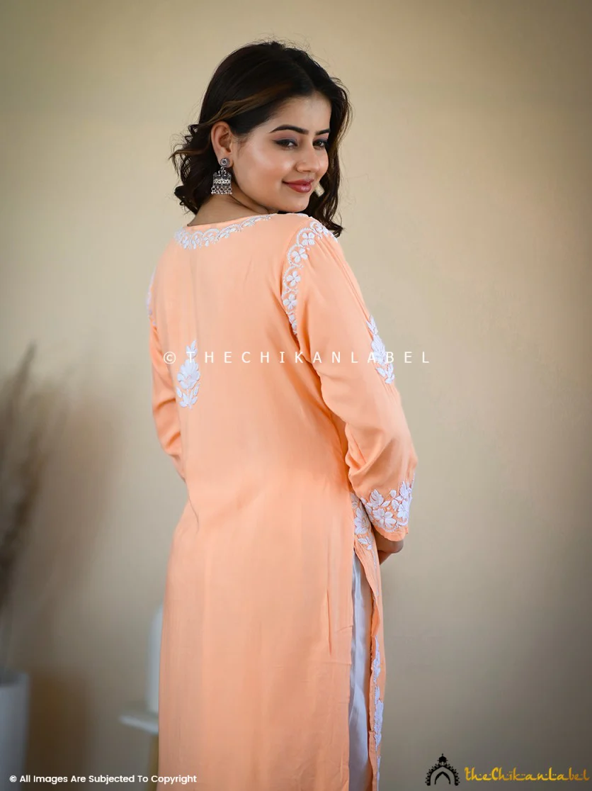 Aisha Rayon Chikankari Straight Kurti -Carrot - Image 5
