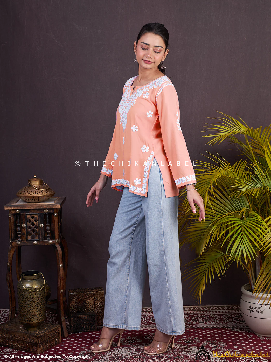 Sangeet Modal Chikankari Short Kurta-Carrot - Image 3