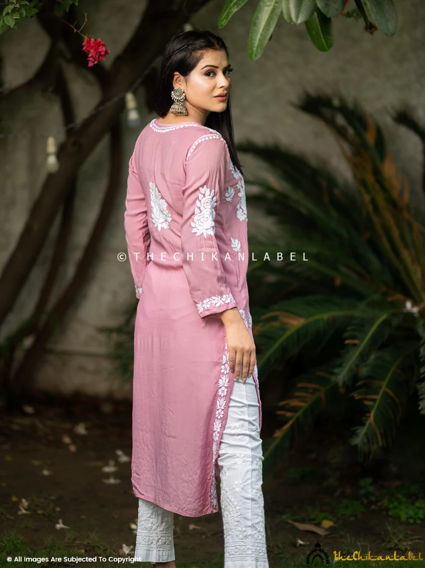 Champagne Safa Muslin Chikankari Straight Kurti - Image 3